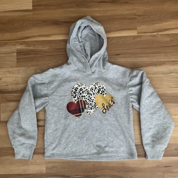 Levi’s Fleece Pullover Hoodie Gray Hearts Cropped Youth Girls Medium - Picture 1 of 9
